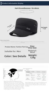 Size guide for men's winter wool flat cap showing head circumference 56-60cm and measurements