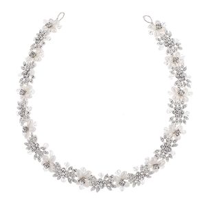 Bandeau de mariée exquis en argent avec perles blanches et strass en forme de fleurs