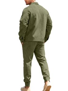 Back view of men's olive green suede tracksuit featuring a zip-up jacket and casual pants
