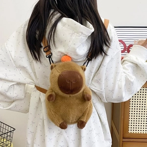 Detailed view of brown Capybara plush backpack with adjustable straps on a model