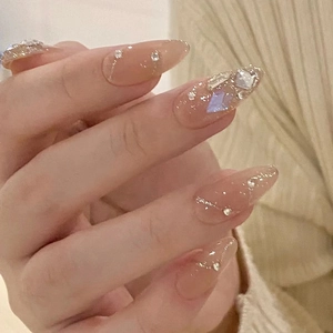 Press On Nails Almond Shape Nude Pink Aurora Square Rhinestone Glitter French Style Long Wearable