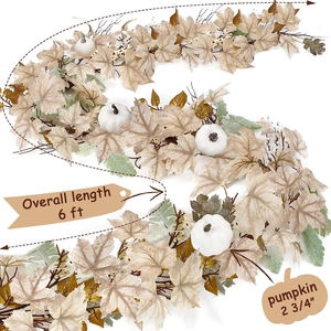 Artificial Maple Leaf Garland With White Pumpkins Berries Satin Plastic Thanksgiving Harvest Fall Decor Mantle Fireplace Home