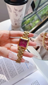 Elegant gold square watch for women with sunburst purple dial and metal bracelet