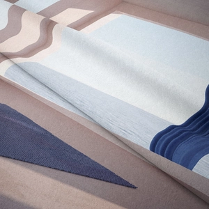 Macro detail of abstract geometric tapestry fabric showing soft velvet texture and wavy patterns