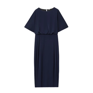 Robe Midi Bleu Marine Manches Courtes Col Rond Plissée Taille Haute Polyester Élégante Couleur Unie Fermeture Éclair