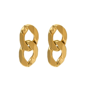 Irregular 18K gold-plated stainless steel geometric link drop earrings on white background