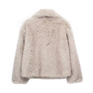 Back view of short faux fur coat in beige featuring dense and soft long-pile texture