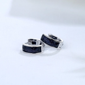 S925 sterling silver hoop earrings with rectangular blue sandstone insets on white fabric