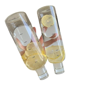 Minimalist clear plastic time marker water bottle with lemon slices on white background