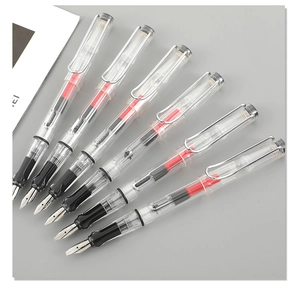 Parallel arrangement of transparent calligraphy pens with silver U-shaped metal clips
