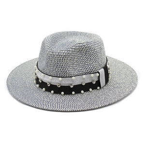 Elegant flat top straw fedora with pearl and rhinestone band in grey weave