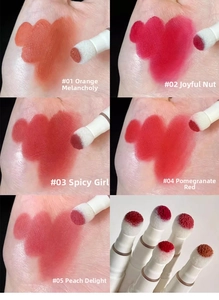 Lip cream swatches with sponge applicator showing five matte long-lasting shades