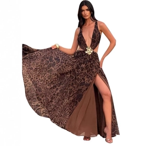 Sexy leopard print maxi dress with deep V-neck, cutout waist, and high side slit detail
