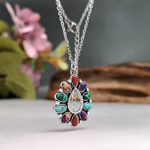 Bohemian silver water drop necklace with turquoise and multi-color gemstones