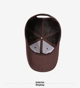 Detailed interior view of dark brown cotton baseball cap showing lining and stitching