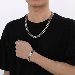Polished silver stainless steel 12mm Cuban chain necklace and bracelet set for men
