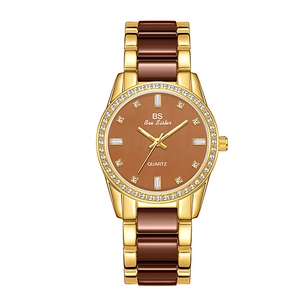 Fashion Women Quartz Watch Rhinestone Bezel Ceramic Alloy Link Strap Elegant Waterproof Wristwatch