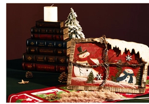 Christmas snowman tray with rustic wood edges and festive holiday candle scene decor