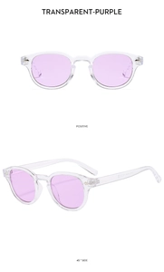 Front and 45-degree side views of transparent purple round sunglasses with modern frames