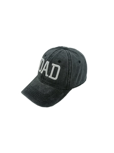 Detailed close-up of white DAD embroidery on a black washed cotton baseball cap
