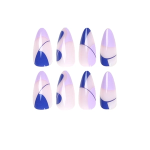 Almond-shaped press-on nails featuring modern purple and blue abstract block patterns