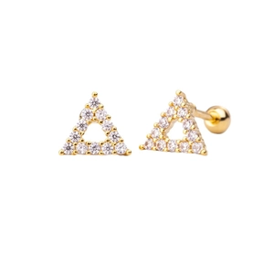 Gold plated triangle stud earrings with micro-set zircon and screw back ball closure