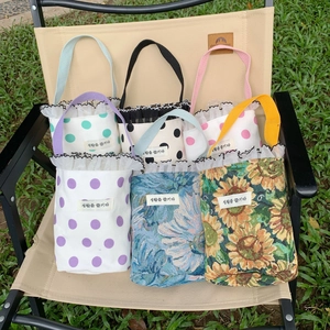 Women Mini Canvas Handbag Polka Dot Floral Print Ruffle Lace Trim Lunch Bento Tote Literary Fresh Casual Portable