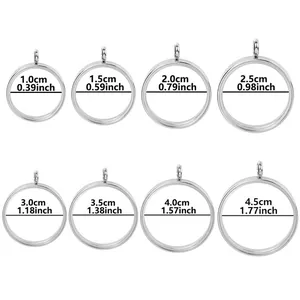 Size chart for round stainless steel glass locket pendants in 8 sizes from 10mm to 45mm