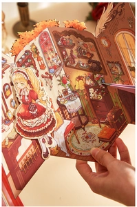 Detail of 3D folding scene sticker showing vintage room setup with Victorian girl figure