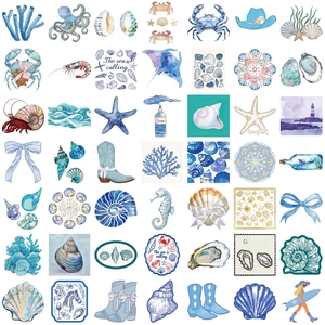 Set of 50 Coastal Cowgirl stickers featuring blue corals, shells, and cowboy boots for DIY
