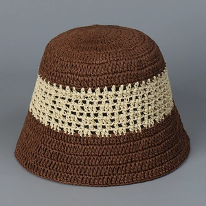 Close-up of hand-woven bucket hat featuring brown and beige hollow crochet patterns
