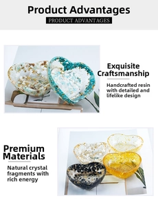 Detail view of heart-shaped resin tray with natural crystals and gold foil inlay