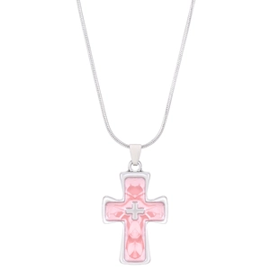 Chic silver snake chain necklace with pink cross pendant featuring a floral heart pattern