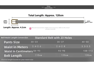 Size guide for canvas stripe belt showing dimensions of width and length in centimeters