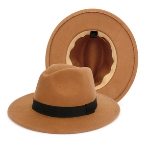 Classic British style wool felt fedora hat with wide brim and black ribbon band