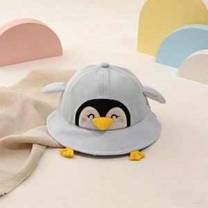 Cute light blue penguin sun hat for kids featuring 3D wings and little feet details