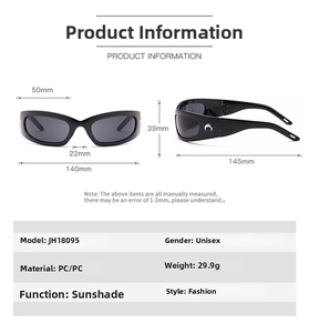 Detailed view of black frame sunglasses with gold moon logo and precise size dimensions