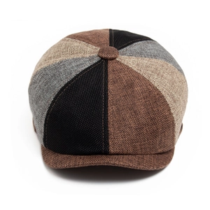 Retro patchwork linen newsboy cap with multi-color stitching for casual outdoor style