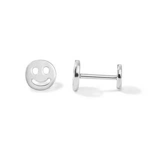 Detailed view of silver smiley face studs showing front design and threaded back post
