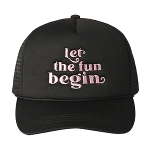 Adjustable black trucker hat with pink 'Let the fun begin' embroidery and mesh back