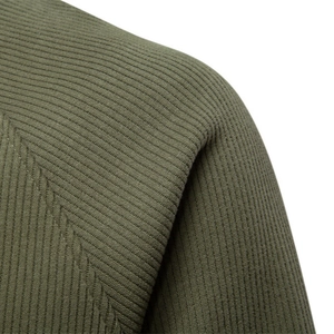 Olive green knit sweatshirt with half-zip stand collar and ribbed shoulder seam details