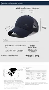 Guide des tailles pour casquette de baseball en mesh respirant avec mesures précises