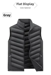 Detail view of the stand collar and zipper closure on this gray quilted puffer vest