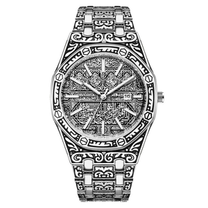 Octagonal silver watch featuring intricate Arabic calligraphy on dial and metal bracelet