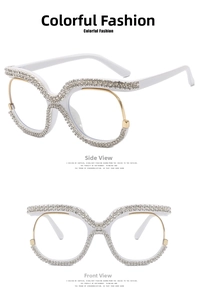 Detailed view of white owl-shaped oversized frames with sparkling silver rhinestones