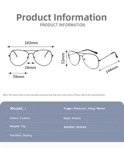 Detailed size chart of pilot aviator sunglasses with 143mm width and alloy frame specs