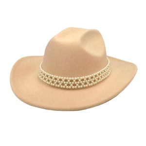 Classic beige wool felt fedora hat featuring three rows of elegant pearl band decorations