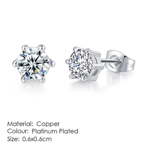 Detailed close-up of 6x6mm platinum-plated copper stud earrings with six-prong round zircon