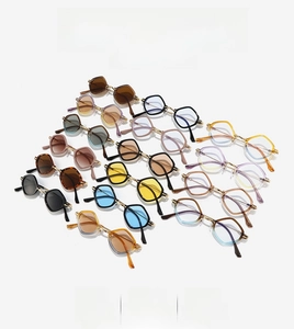 Grid display of vintage punk geometric sunglasses with colorful lenses and metal frames