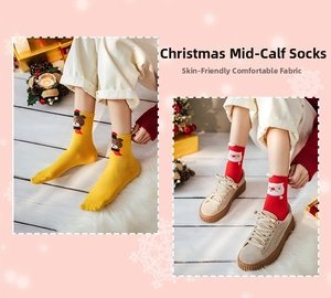 Detailed view of red Santa and yellow bear Christmas socks with festive decorations